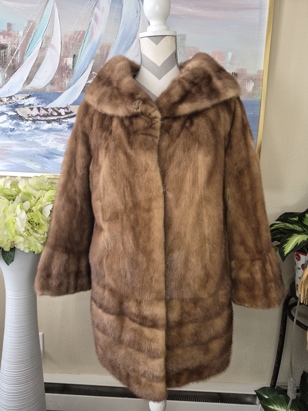 Luxurious Brown Mink Fur Pea Coat - Women Jackets & Coats